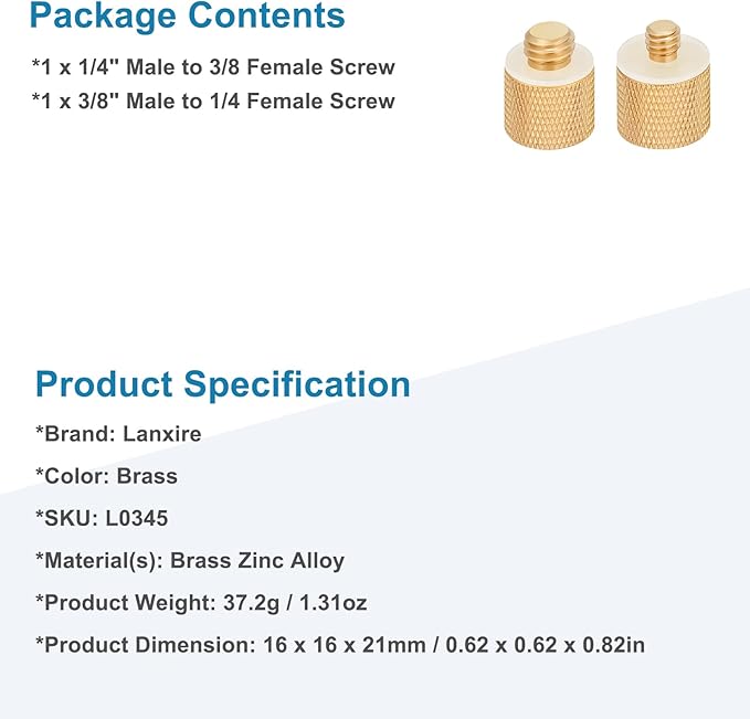2 Pack Camera Screw Adapter, 1/4" Male to 3/8" Female & 3/8" Male to 1/4" Female Thread Adapter Set for Tripod Stand, Microphone Stand, Mic Mount, and Camera Monitor (Brass)