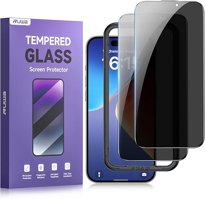 ruwa Privacy Screen Protector for iPhone 15 Pro [6.1 Inch][2-Pack] Tempered Glass with Easy Installation Frame, Anti-Scratch,Anti-peep, Full Coverage