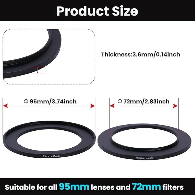 Metal Step Up Ring Filter Adapter - 72mm to 95mm - Metal Ring Step Up Rings Adapter Filter Compatible with All 95mm UV, CPL, ND, Lens Hood, Threaded Lens ect