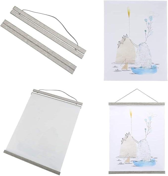 Benjia Magnetic Poster Hanger, 17x24 17x11 17x22 Poster Frame Wood Wooden Magnet Print Posters Dowel Scroll Hanger Hangers Hanging Kit for Walls Map Canvas Artwork (Grey, 17")