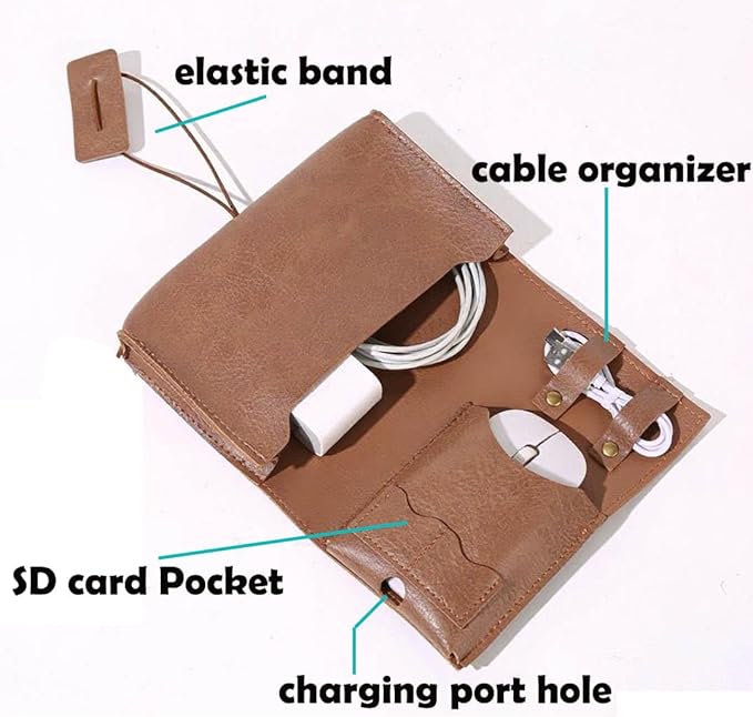 Vintage leather Electronic organizer travel case,cord organizer travel, Leather charger shortage for essentials mouse, adapter, cables (brown with elastic band)