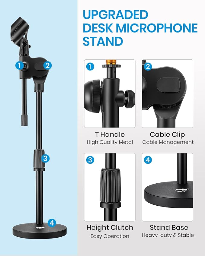 Moukey Mic Stand Desk Adjustable Tabletop Microphone Stand with Non-Slip Mic Clip, Short Table Mic Stand with Gear Fixing, Boom Arm, 3/8" and 5/8" Adapter, MMs-5