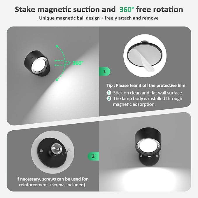 Lightbiz LED Wall Lights with Remote, Wall Mounted Sconces 3000mAh Rechargeable Battery Operated 3 Color Temperatures & Dimmable Magnetic Ball 360°Rotation Cordless Wall Light for Bedroom Bedside