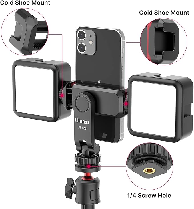 ULANZI ST-06S Phone Tripod Mount, Universal Smartphone Mount Adapter with 2 Cold Shoe, 360° Rotates Adjustable Cell Phone Clip Clamp Holder, Compatible with iPhone 17/16/15, Samsung Galaxy Cell Phones