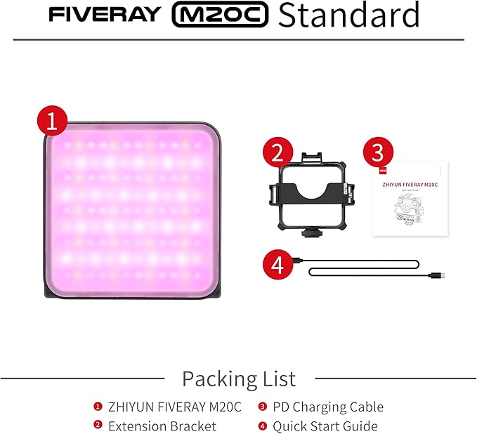 ZHIYUN FIVERAY M20C RGB Video Light [Official], 20W Portable Camera Light, HSI Mode, TLCI 96+, Temperature 2500K-10000K with 9 Light Effects, Support App Control and PD Fast Charge