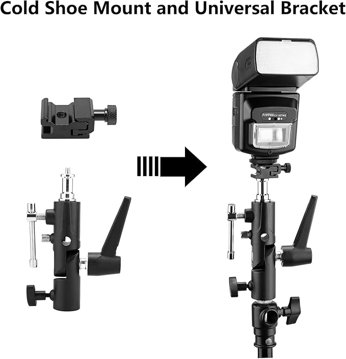 TENBEST Camera Flash Bracket with Cold Shoe Mount, Solid Metal Material, Adjustable Speedlite Swivel Light Stand Bracket with Umbrella Holder,1/4 to 3/8 Adapter Screw for Flashes Studio LED Lights
