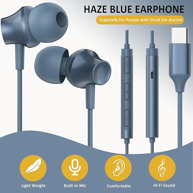 Wired Earbuds USB C Port in-Ear Earphones Braided Cord with Built-in Mic Ear Buds Wired Compatible for iPhone 15/16/17, iPad Galaxy Android and Most USB Type C Devices Blue