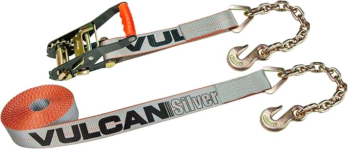 VULCAN Ratchet Strap with Chain Anchors - 2 Inch x 27 Foot - 2 Pack - Silver Series - 3,600 Pound Safe Working Load
