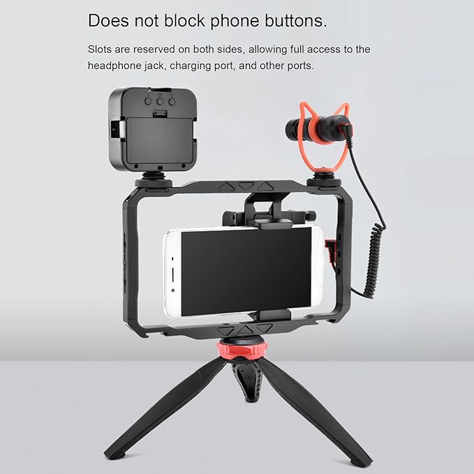 Smartphone Video Rig Dual Handle Filmmaking Vlogging Case Phone Stabilizer Grip with Microphone and Fill Light