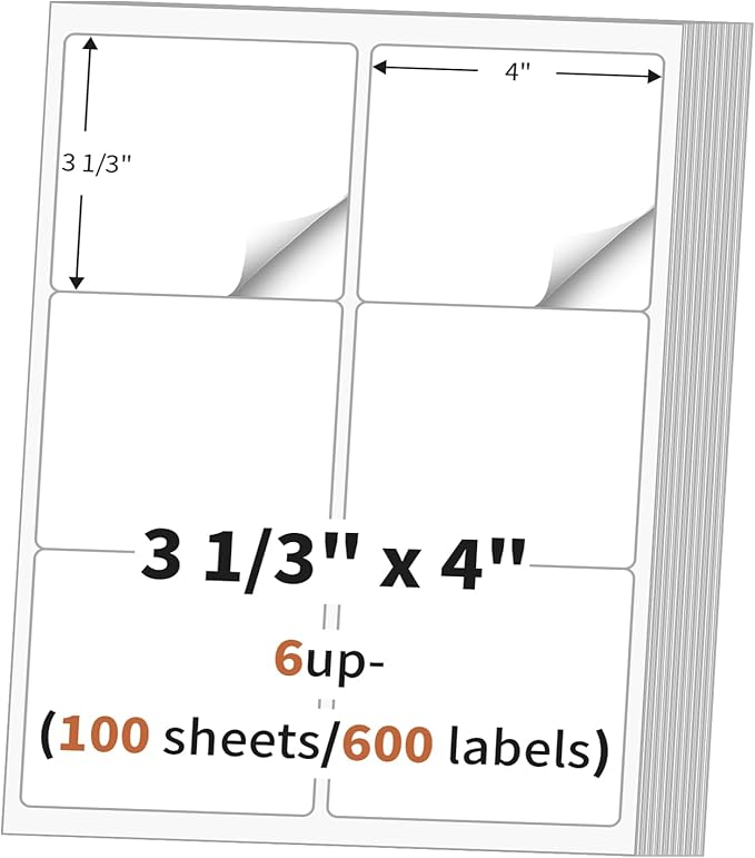 3 1/3" x 4" (100 Sheets) Address Labels, 600 Labels, White, Matte, Laser/Ink Jet Printer Compatible