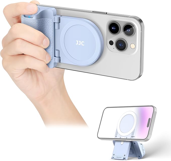 JJC Magnetic Phone Camera Grip Handle with Wireless Shutter Remote, Magsafe Camera Handle Bluetooth Bracket for iPhone Android Smartphone with 1/4” Tripod Screw for Video Photo Shooting (Blue)