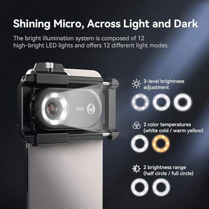 【2026 Upgraded】 DALYANGDA Phone Microscope Lens, Nano Zoom 200x for iPhone, Nanozoom for iPhone,Nanozoom 200x Magnification Zoom, Nanosight x200,12 LED Modes,CPL Lens,Stable(Black)-Qing huo