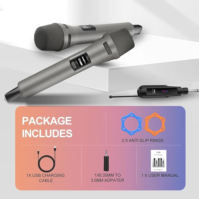 Aveek Wireless Microphone System, 2 Rechargeable Mics and Receiver, Plug & Play for Karaoke Machine, Party Speakers, Home Entertainment, Wedding & Events - Crystal Clear Sound, 100ft Range