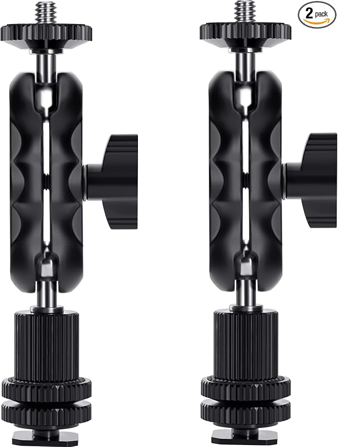 Magic Arm Cool Ballhead Double Ball Head Adapter with 1/4’’ Screw and Cold Shoe Mount - 2 Pack for Cameras, Camcorders, Monitor, Flash, LED Light, Microphone, and More