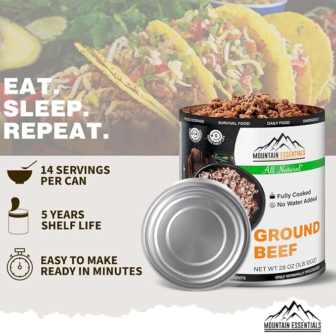 MOUNTAIN ESSENTIALS Canned Meat Sampler Pack 28 Oz – 1 Can Each of Chicken, Turkey, Pork, Beef & Ground Beef – Fully Cooked, Ready to Eat – Pantry Staples for Daily Use & Emergency Meals – 5 Cans