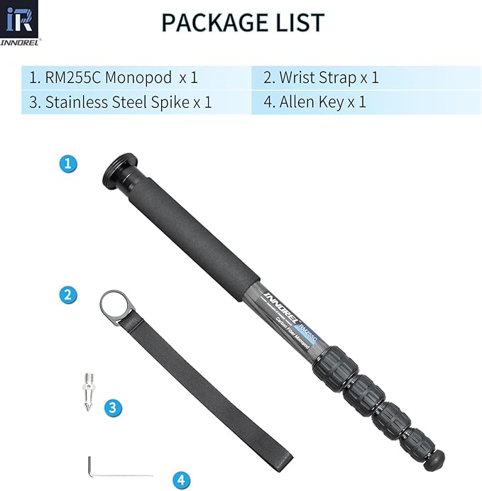 Carbon Fiber Camera Monopod INNOREL RM255C Professional Portable Compact Lightweight Travel 5-Section Monopod for Canon Nikon Sony DSLR Camera Video Camcorder DV Photography Bracket Load 15lbs/7kg