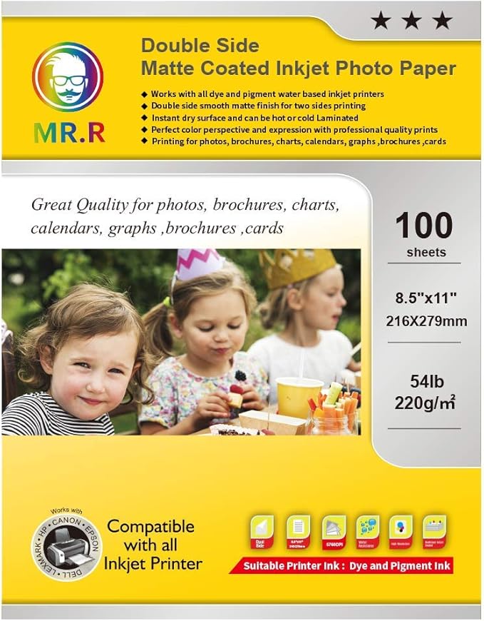 MR.R 230gsm Double Side Matte Coated Inkjet Photo Paper,8.5"x11'' Letter Size,100 Sheets per Pack,54lb for dye and pigment ink