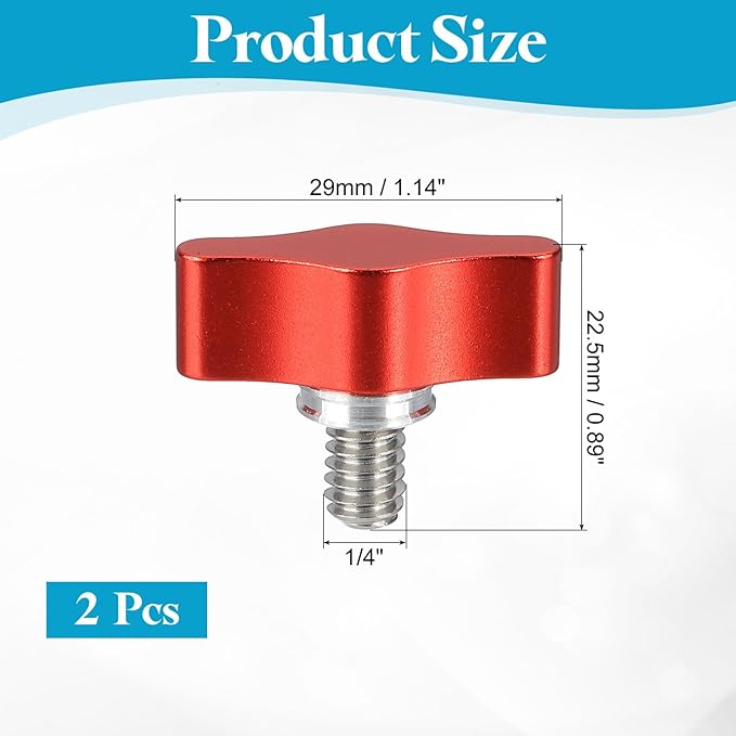 PATIKIL Clamping Screw Knob 1/4" x 0.89", 2Pcs Aluminum Alloy t Shaped Camera Thumb Screws for DSLR Flash Bracket Photography Light Stand Adapter Action Sports Camera Mounting System, Red