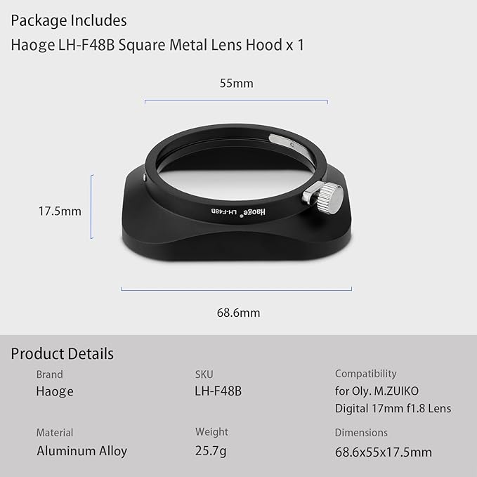 Haoge LH-F48B Square Metal Lens Hood Shade for Olympus M.ZUIKO Digital 17mm f1.8 17 1.8 Lens Replace Olympus LH-48B Black