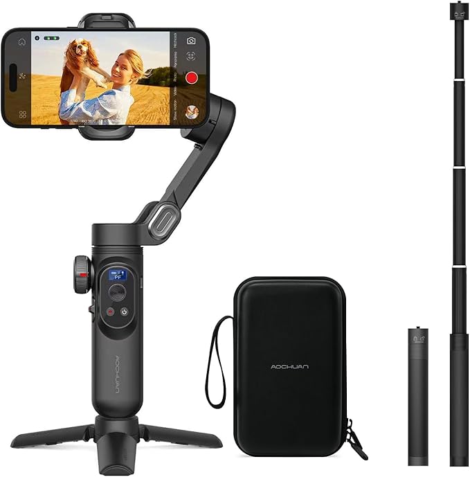AOCHUAN 3-Axis Gimbal Stabilizer for Smartphone Smart XPro Black & B20 Storage Bag & E10 Extension Rod