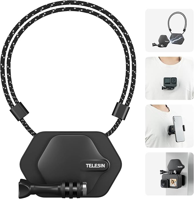 TELESIN Magnetic Chest Mount with Neck Strap, 360 POV Invisible Selfie Necklace Mounting Accessories for GoPro Max Mini Hero 11 10 9 8 7 Insta360 DJI Action iPhone Android