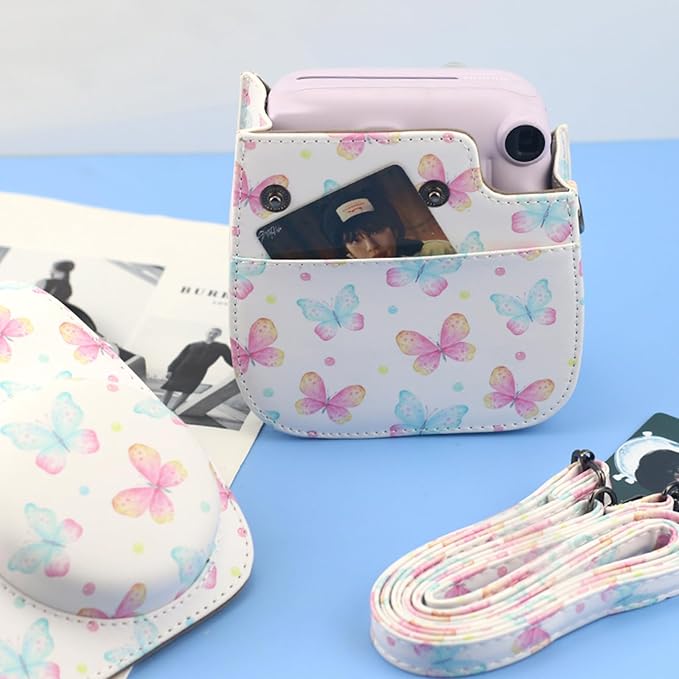 Frankmate Protective Case Fit for Fujifilm Instax Mini 12 11 9 8 Camera, PU Leather Camera Bag with Pocket and Adjustable Shoulder Strap (Pink Butterfly)
