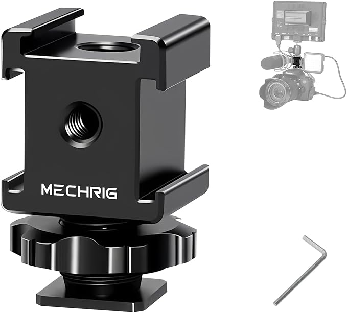 Mechrig Triple Cold Shoe Mount Cold Shoe Adapter, Aluminum Camera Hot Shoe Extension Bracket with 3 Port Cold Shoe Mounts for Camera Cage Flash LED Light Monitor Microphone (62028)