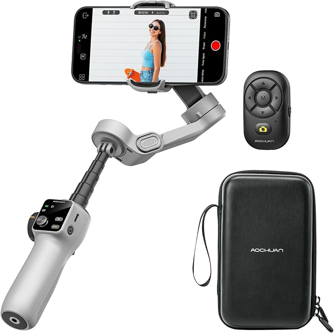 AOCHUAN Smartphone Gimbal Stabilizer for iPhone & Android, 3-Axis Phone Gimbal with Bluetooth Remote Control, Built-in 7.8” Extendable Rod, EVA Protective Storage Bag w/Hand Strap, V8 KIT WH& B30