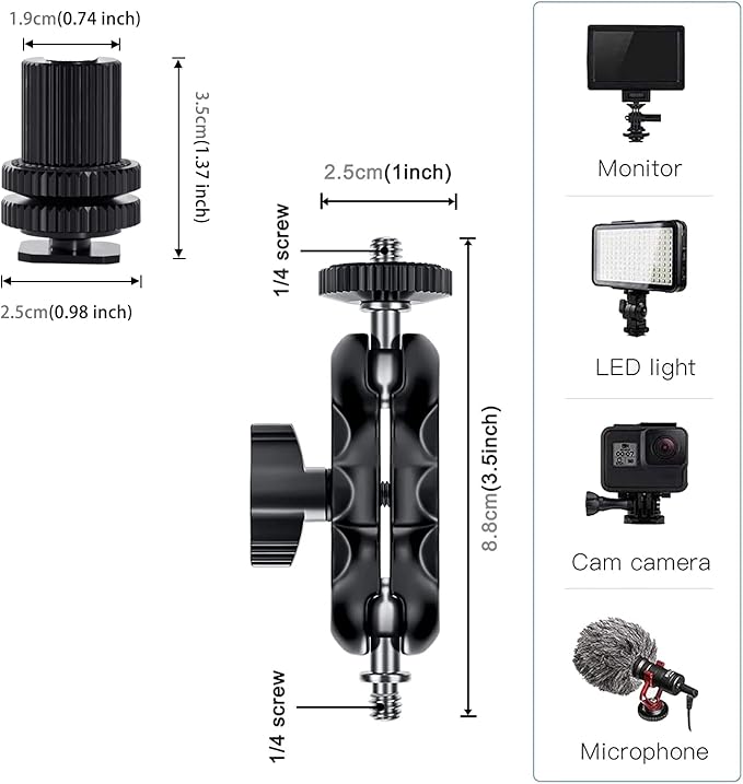 Magic Arm Cool Ballhead Double Ball Head Adapter with 1/4’’ Screw and Cold Shoe Mount - 2 Pack for Cameras, Camcorders, Monitor, Flash, LED Light, Microphone, and More