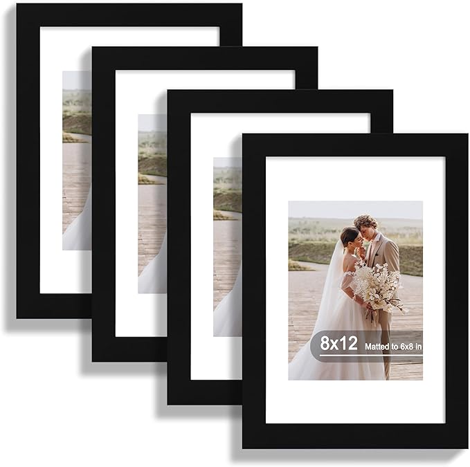 8x12 Picture Frame Set of 4, Made of Real Glass and Black Wooden Frame - Display 6x8 Picture with Mat or 8 x 12Poster Without Mat, 8 by 12 Photo for Wall or Tabletop