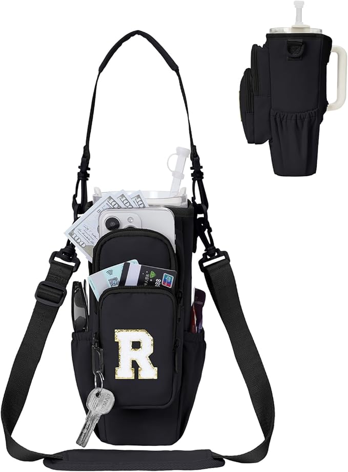 sportsnew Birthday Gifts for Women Personalized Initial Water Bottle Holder with Strap fits most 40oz Tumbler with Handle Water Bottle Carrier Bag with Phone Pocket & Straw Topper Tumbler Accessories