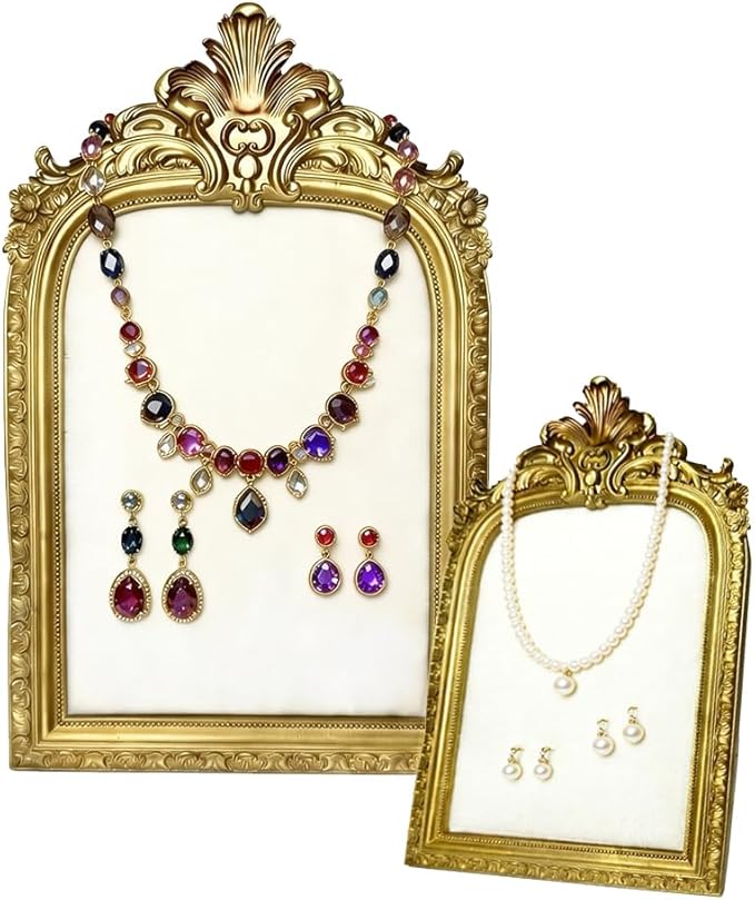 2 PCS Gold Resin Jewelry Display Stand Vintage Necklace Organizer Photo Frame Ring Holder Earring Tray Jewelry Photography Props Frame with Velvet Backing Elegant Décor for Jewelry and Collectibles