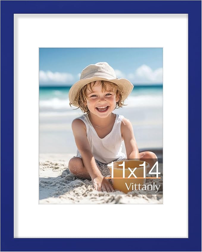 Vittanly 11x14 Picture Frame, Made of Solid Wood and Shatterproof Plexiglass, Display Pictures 8x10 with Mat or 8x10 without Mat, Wooden Photo Frame for Wall Mounting or Tabletop, Royal Blue, 1 Pack