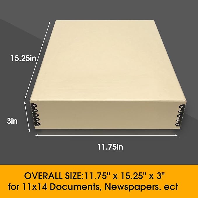 Golden State Art, Archival Storage Box, Acid-Free Drop Front Museum Box with Metal Edge for Storing Artwork Photos Documents Prints Arts and Crafts (Tan-11.75x 15.25x 3 Inches) Pack of 2