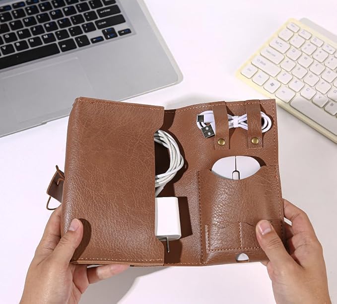 Vintage leather Electronic organizer travel case,cord organizer travel, Leather charger shortage for essentials mouse, adapter, cables (brown with elastic band)