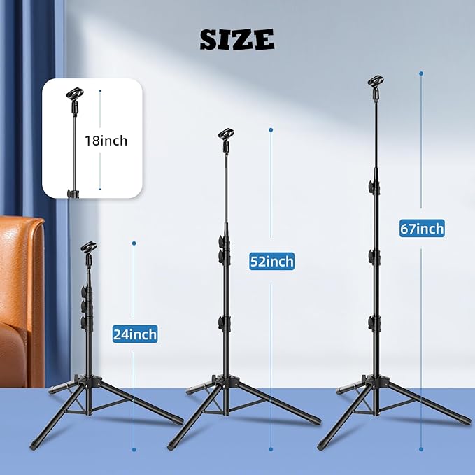 2 Pack Mic Stand Gooseneck Microphone Boom Stand for Singing Height Adjustable from 24” to 67” with 2 Mic Clips for Adults and Kids Singing Lecture Stage