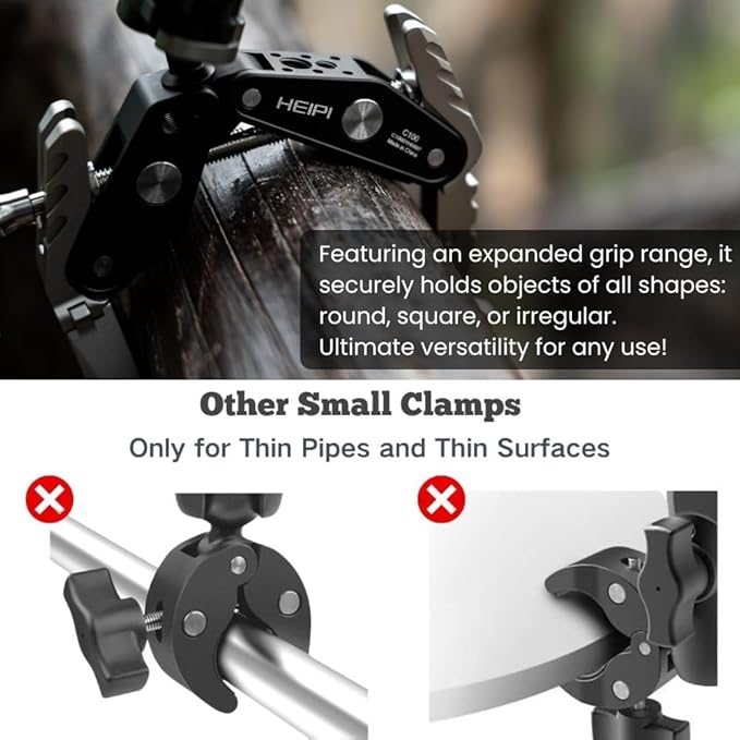 HEIPI Super Clamp Phone Camera Mount Holder 2-in-1 Clamp & Stand Design with 1/4"-20 & 3/8"-16 Screw Mount Adapter Holder Max Clamping 3.93 inch for Tripod Accessories, Phone, Action, DSLR Camera