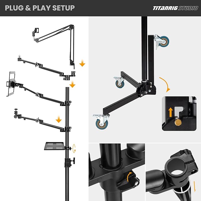 TARION 61in Live Streaming Stand with Wheel + 11in Magic Arm with Super Clamp, 5-in-1 Stream Stand Equipment Kit TitanRig + 3 Articulating Arms with 1/4" and 3/8" Thread