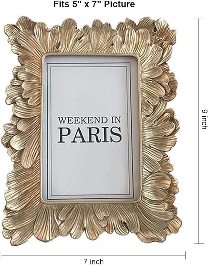 CISOO Vintage 5x7 Picture Frame Antique Photo Frame Table Top Display and Wall Hanging, Retro Home Decor, Ornate Photo Gallery Art (Pale Gold)