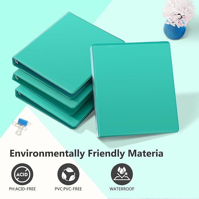ViVin 1 Inch Round Ring View Binder for Durability, Standard 3 Ring Binder for 200 Sheets of US Letter Size Paper, PVC-Free, 6-Pack (Lake Green)