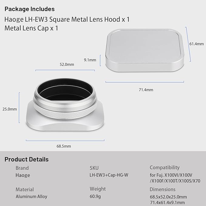 Haoge LH-EW3 Square Metal Lens Hood with 49mm Adapter Ring with Cap for Fujifilm Fuji FinePix X100 X100S X100T X100F X70 X100V Camera Replaces Fujifilm LH-X100 AR-X100 LH-X70 Silver