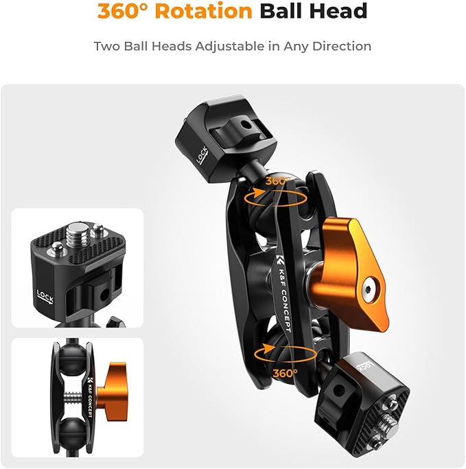 K&F Concept Magic Arm with Super Clamp with Two 360° Ball Heads, 1/4" Screw + Dual Ball Heads Magic Arm Compatible with Camera, Phone, GoPro, Tripod