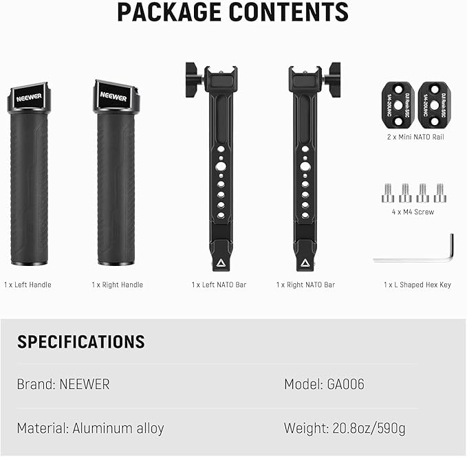 NEEWER Dual Handgrip Compatible with DJI RS5 RS4 RS4 Pro RS3 RS3 Pro RS2 RSC2 Ronin S SC Gimbal, Dual Handle Kit with 2 Mini NATO Rails, Quick Release NATO Clamps, 1/4" & 3/8" Threads, GA006