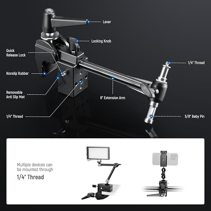 NEEWER Super Clamp with 6" Extension Arm, 5/8" Stud, 2.4" Jaw Grip Heavy Duty Crab Pole Clamp for Round Pipe Flat Surface,for Photography Studio Camera Lighting Mounting, Max Load 33lb/15kg