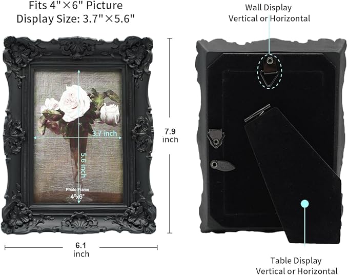 CISOO 4x6 Vintage Picture Frame Antique Ornate Black Photo Frame, for Table Top and Wall Display, Decorative Floral Design Retro Home Decor, Photo Gallery Art