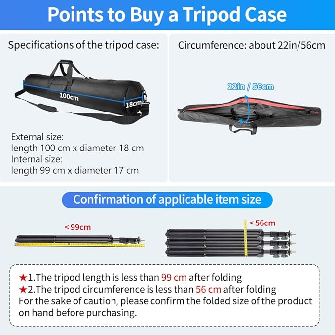 HEMMOTOP 39-inch Tripod Carrying Case, 0.2in Padded Light Stand Bag with Shoulder Strap and Carry Handle, Tripod Bag with 2 Zippered Pockets Fits Tripods with Head up to 39In – Lightweight Version