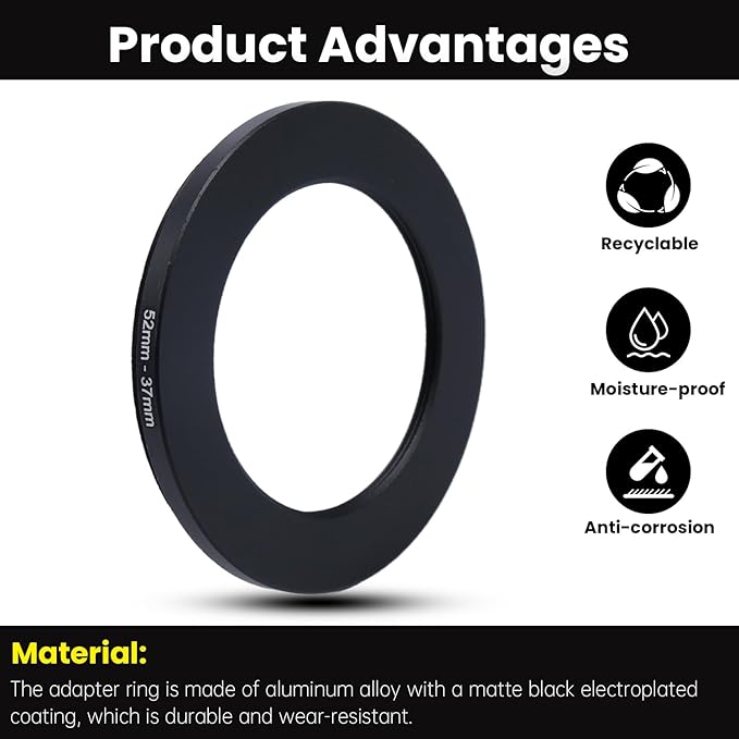 Metal Step Down Ring Filter Adapter - 52mm to 37mm - Metal Ring Step Down Rings Adapter Filter Compatible with All 37mm UV, CPL, ND, Lens Hood, Threaded Lens ect