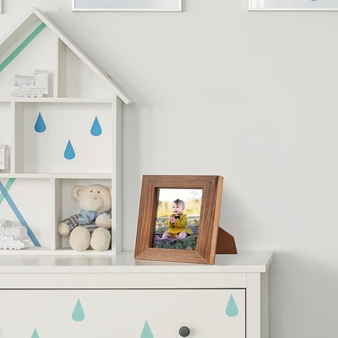 4 x 4 Picture Frame Square Wood Distressed Simple Striped Border Designed Brown Wooden Photo Frame with HD Glass for Tabletop Display Wall Mount Wedding Baby Family Farmhouse Collage Home Office Decor