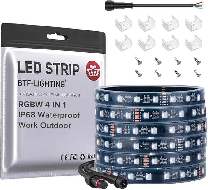 BTF-LIGHTING IP68 Waterproof Outdoor RGBW LED Strip 5050SMD RGB+Cool White(6000K-7000K) 4 Colors in 1 DC24V 5m 16.4ft 60LED/m Multi-Colored Tape Lights Can Work Outdoor(No Adapter or Controller)