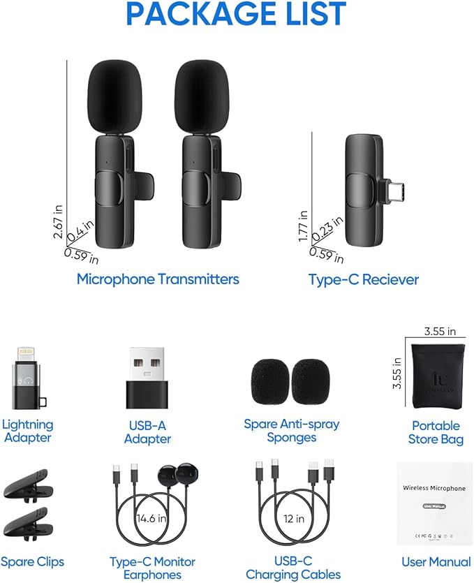 Wireless Lavalier Microphone for iPhone/Android Phone/Laptop, IUMAKEVP Plug-Play Clip on Lapel Mic with Auto Noise Reduction for Video Recording, Live Broadcast, Interview, TikTok, YouTube (2 Mics)